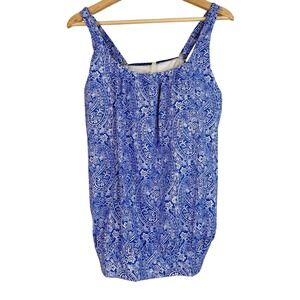 Lands End Paisley Tankini Swim Top Blue White Women's Size 14 Built-in Bra